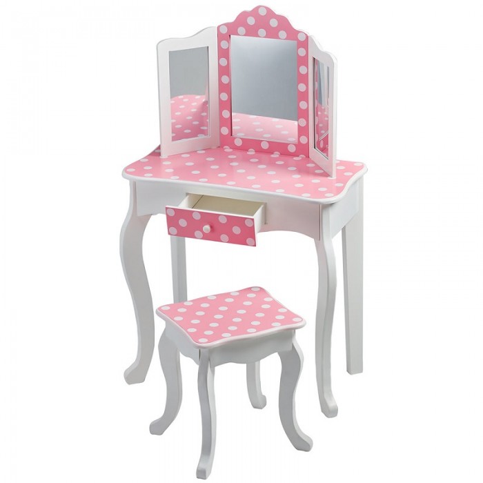 Masuta de toaleta copii cu 3 oglinzi, sertar si scaun Roz-Alb - Vanity Table and Stool 